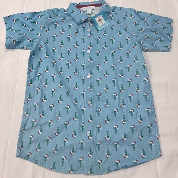 WURL Other - NWT Wurl Boys Size Small Blue Christmas Collared Shirt Green Santa Aliens Cruise